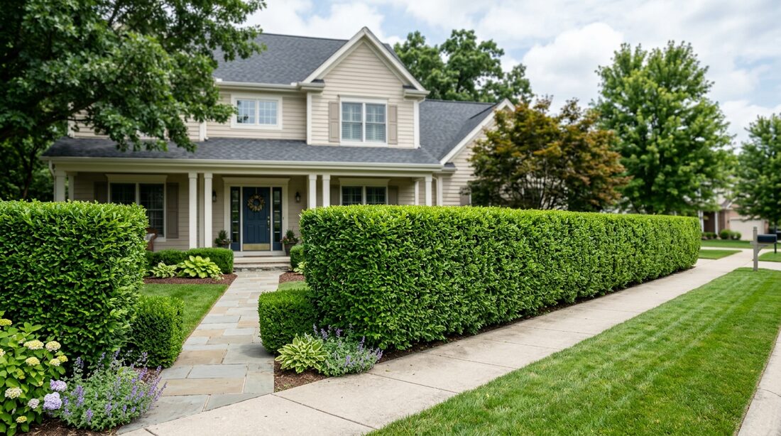 A long privet hedge trimmed to a clean, level line